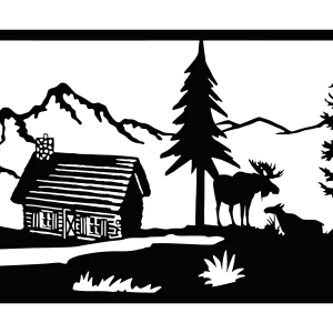 A black steel wall art piece depicting a serene scene with a moose family next to a rustic cabin. In the background, there are detailed cutouts of mountains and trees, creating a lifelike nature scene. The intricate laser-cut design adds depth and dimension, making it an eye-catching decor piece ideal for nature lovers.